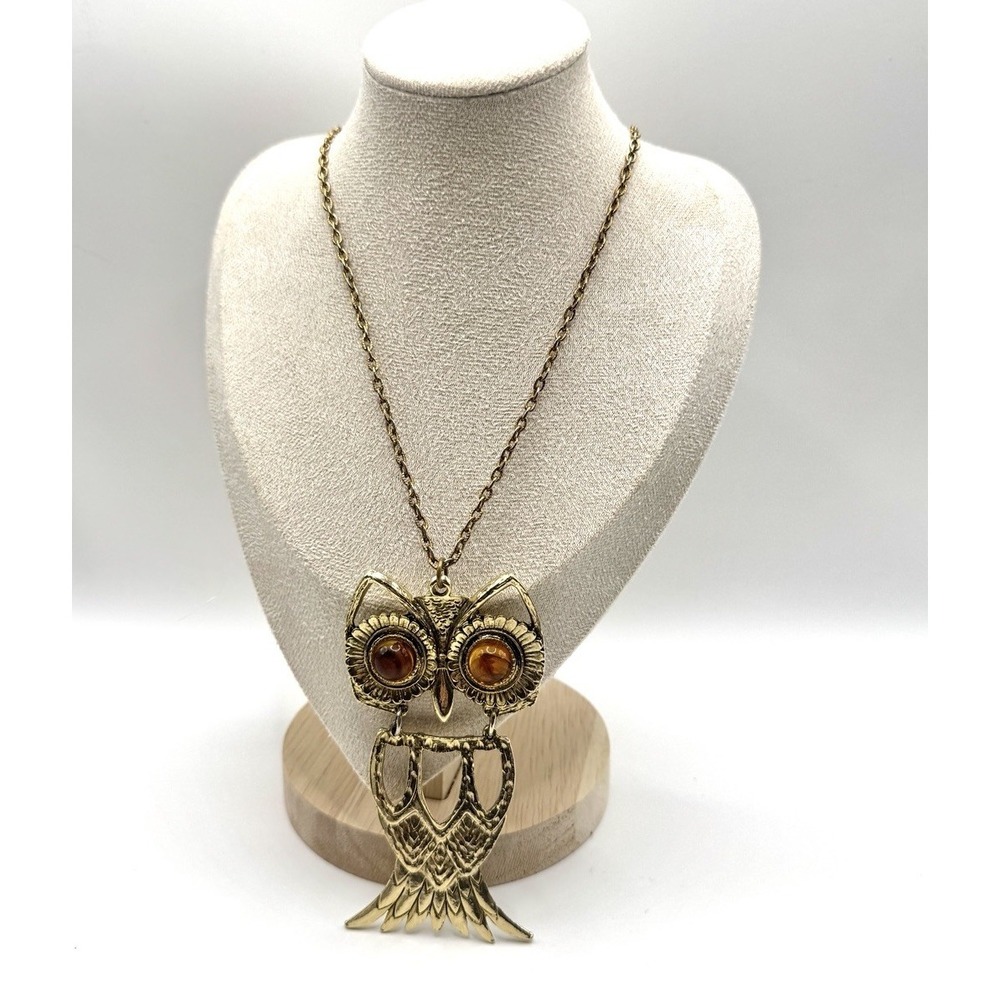 VTG 1970s Gold Tone Owl Pendant Necklace Articulated Amber Glass Eyes Long